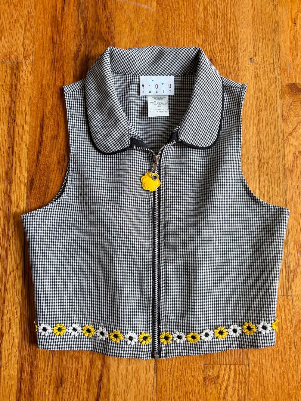 VTG Y2K You Babes Girls Top Size 6X Sleeveless Full Zip Check Sunflower Black